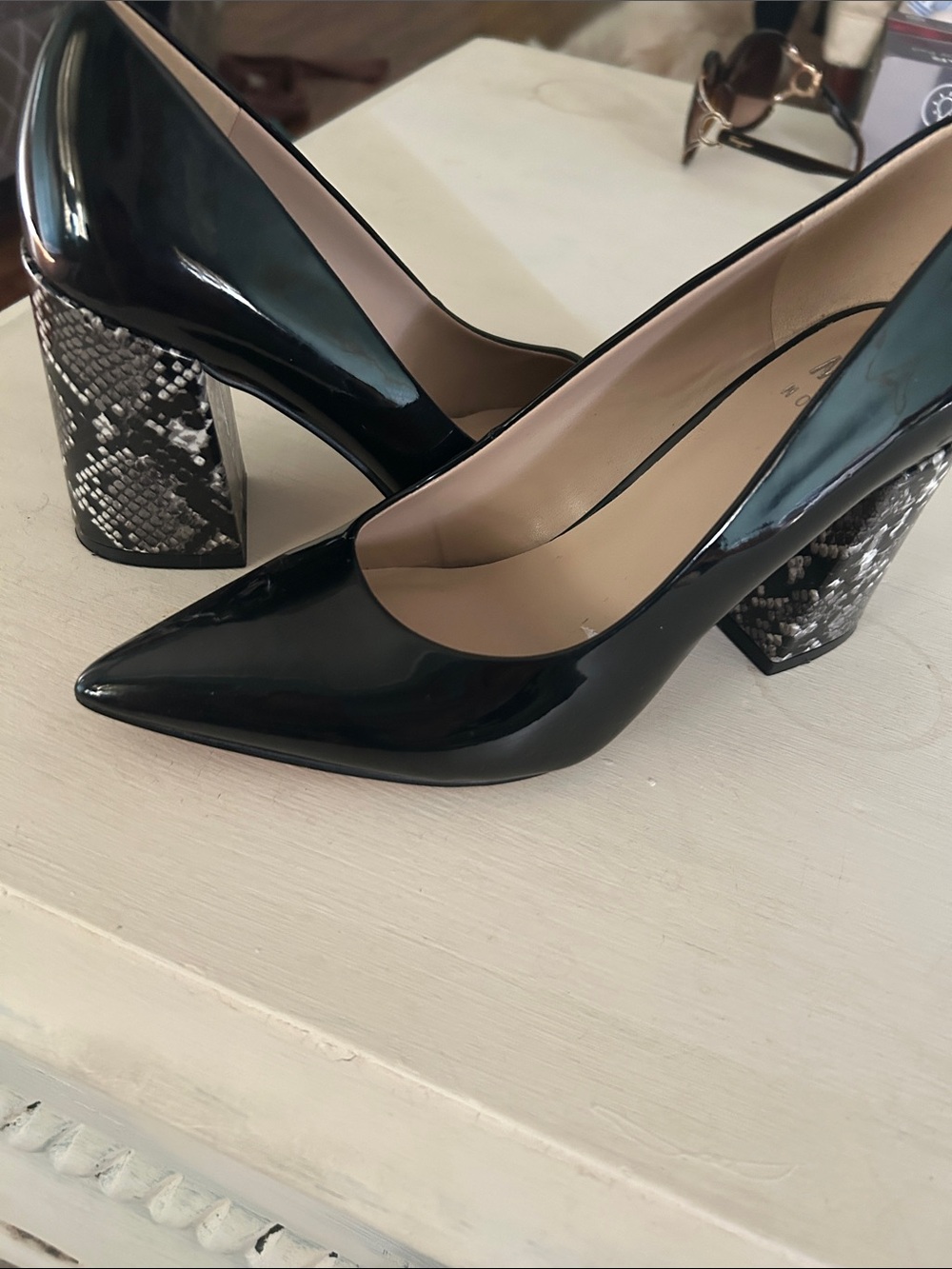 Mix No. 6 Black Patent Pumps with Snake-Print Block Heel
